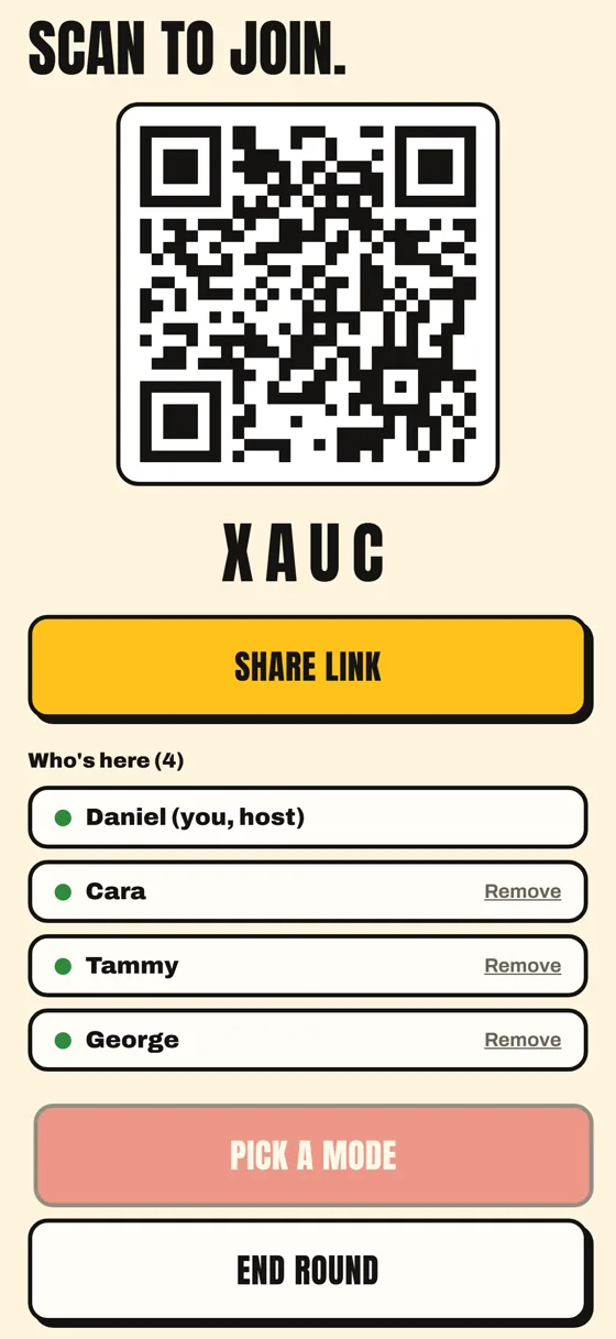 A Play Together lobby with a QR code and four players